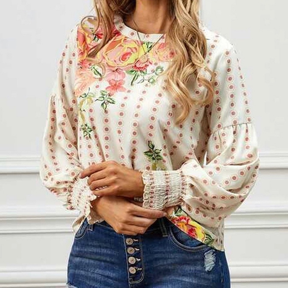 Floral Print Banded Neckline Long Bubble Sleeve Blouse Top NWT - Picture 3 of 12